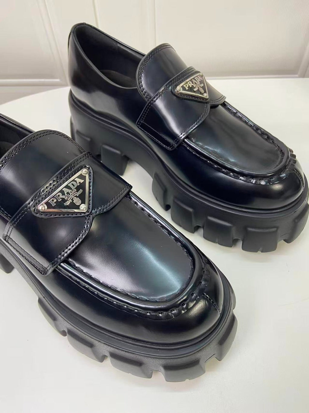 Prada Brushed Leather Monolith Loafers