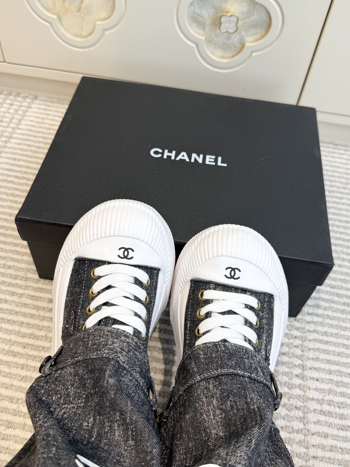 CHANEL 26S HIGH TOP PLATFORM SNEAKER BOOTS IN GREY DENIM
