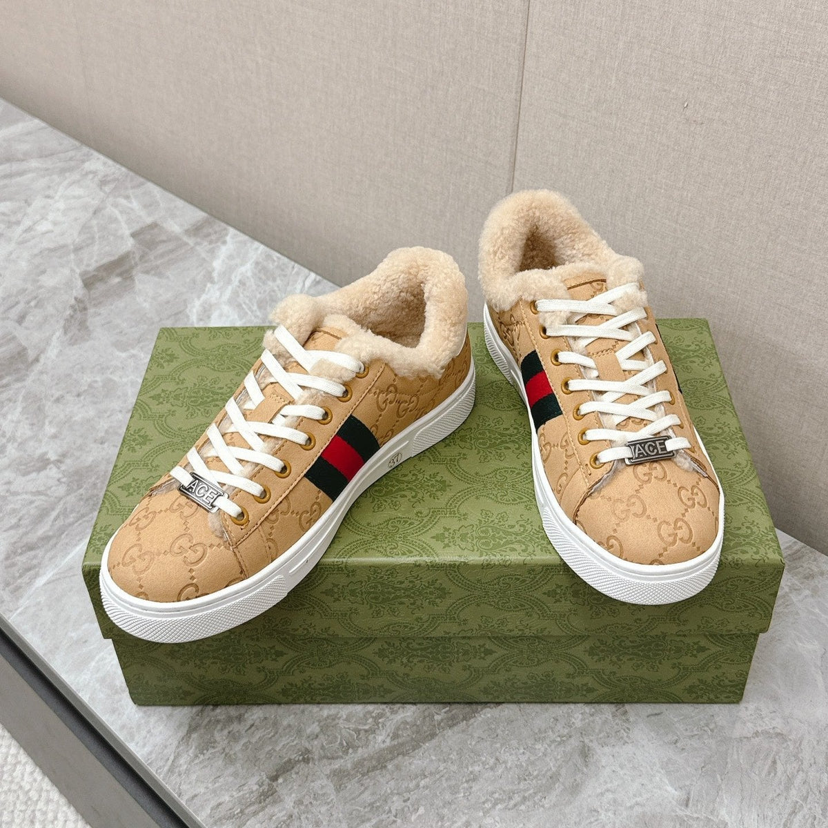 GG ACE SNEAKER WITH WEB IN BEIGE EMBOSSED SUEDE AND WOOL LINING