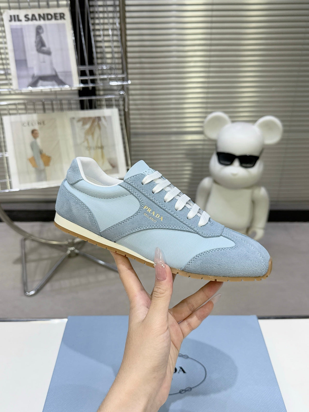 PRADA 26S LACE UP SNEAKERS IN LIGHT BLUE NYLON AND SUEDE