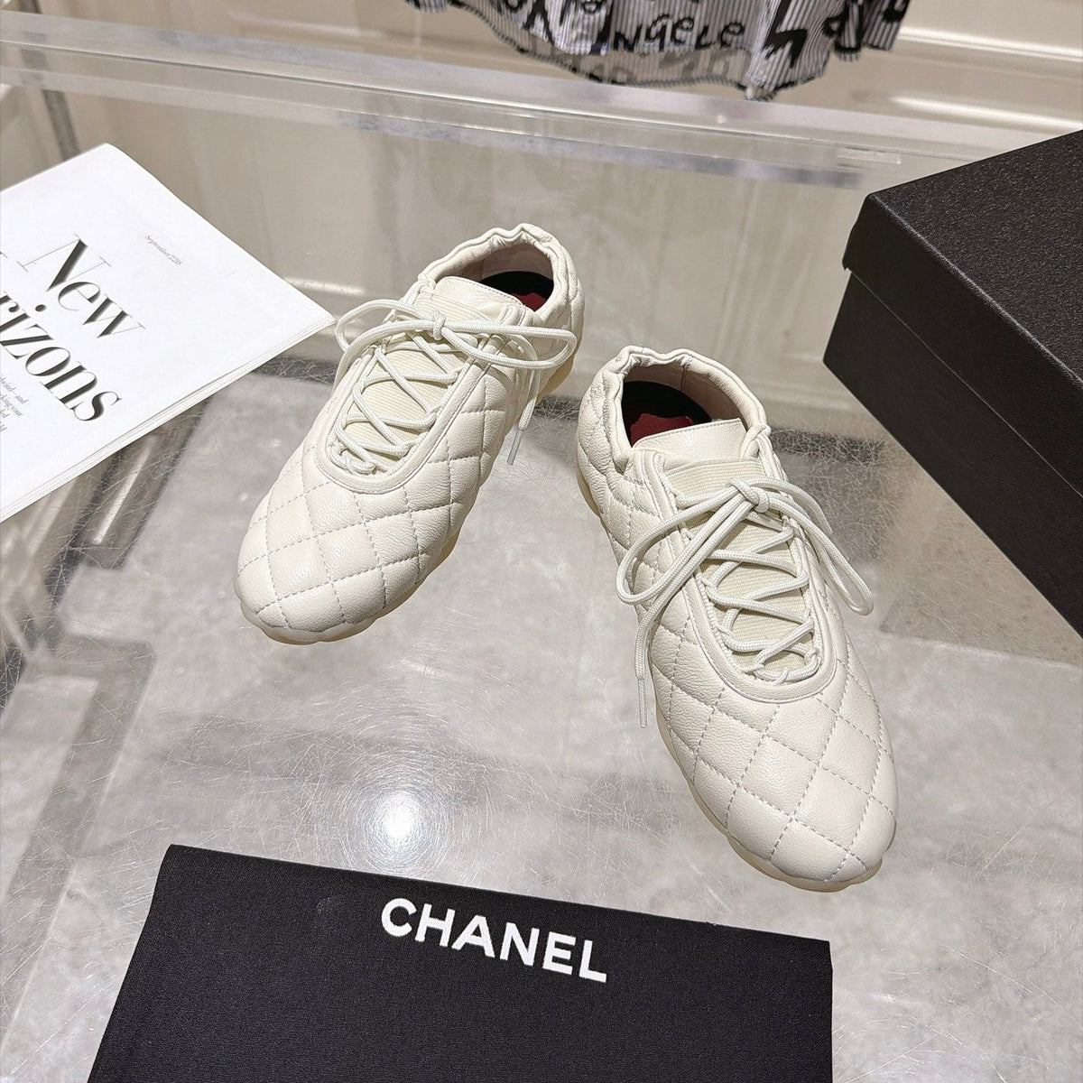 CHANEL 26S LACE UP SNEAKERS IN WHITE LAMBSKIN DIAMOND QUILTING